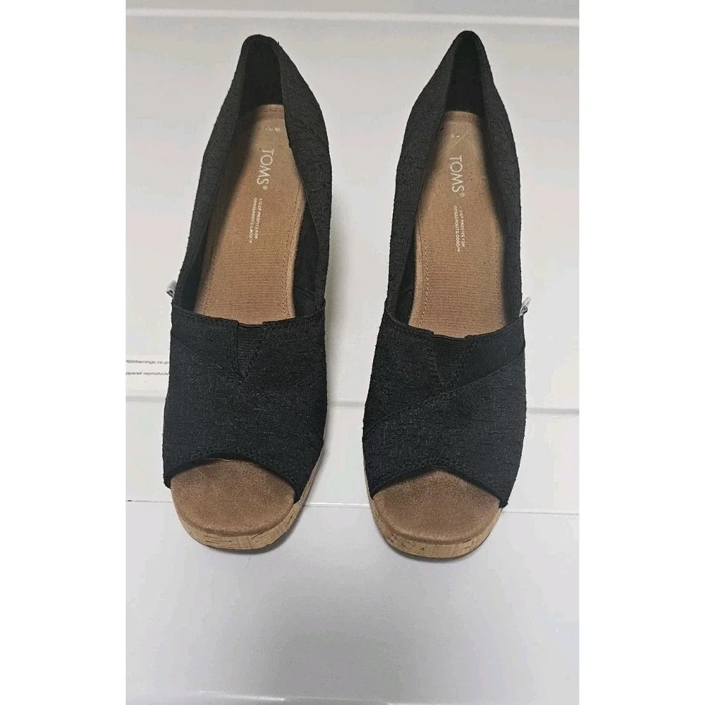 TOMS Stella Women's Black Peep Toe Cork Wedge Pump Shoes Size 9.5 Preppy Classic